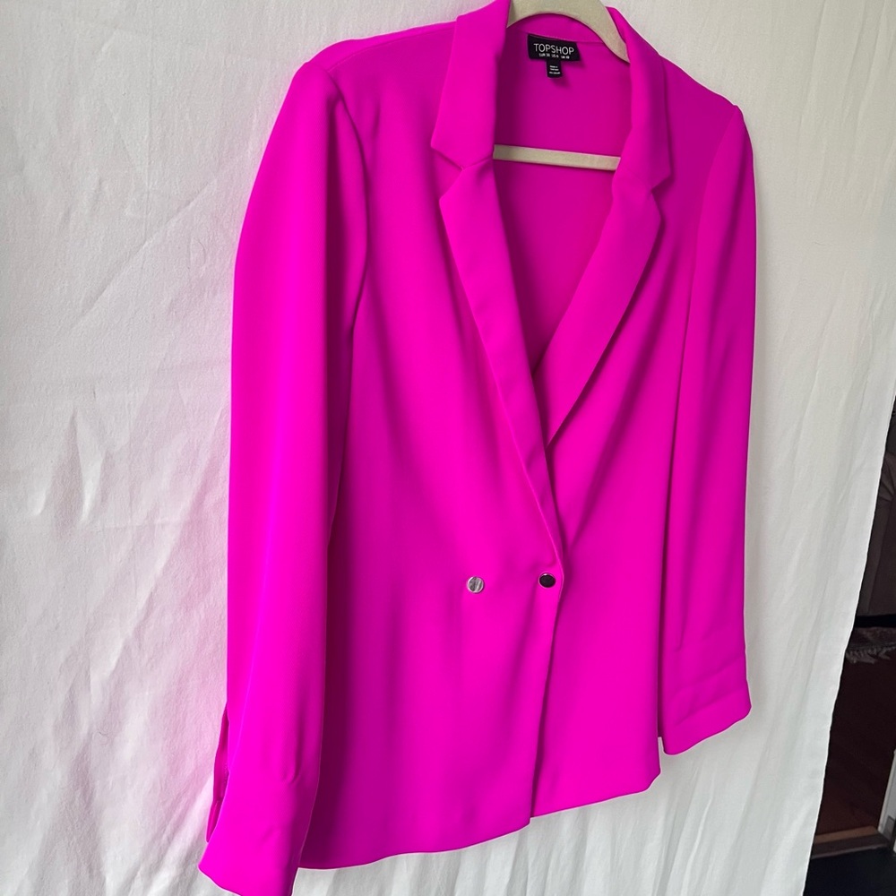 💗 Topshop Fuscia Pink Double-breasted Blazer with Gold Button Details Size US 6